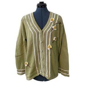 Vtg Storybook Knits Green Button Up 3D Floral Beaded Cardigan Granny Teacher L